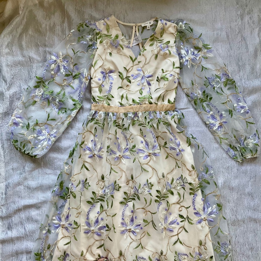 NWT Just Me Floral Embroidered Sheer Mesh Maxi Dress Small S Keyhole Cottagecore - Picture 10 of 16
